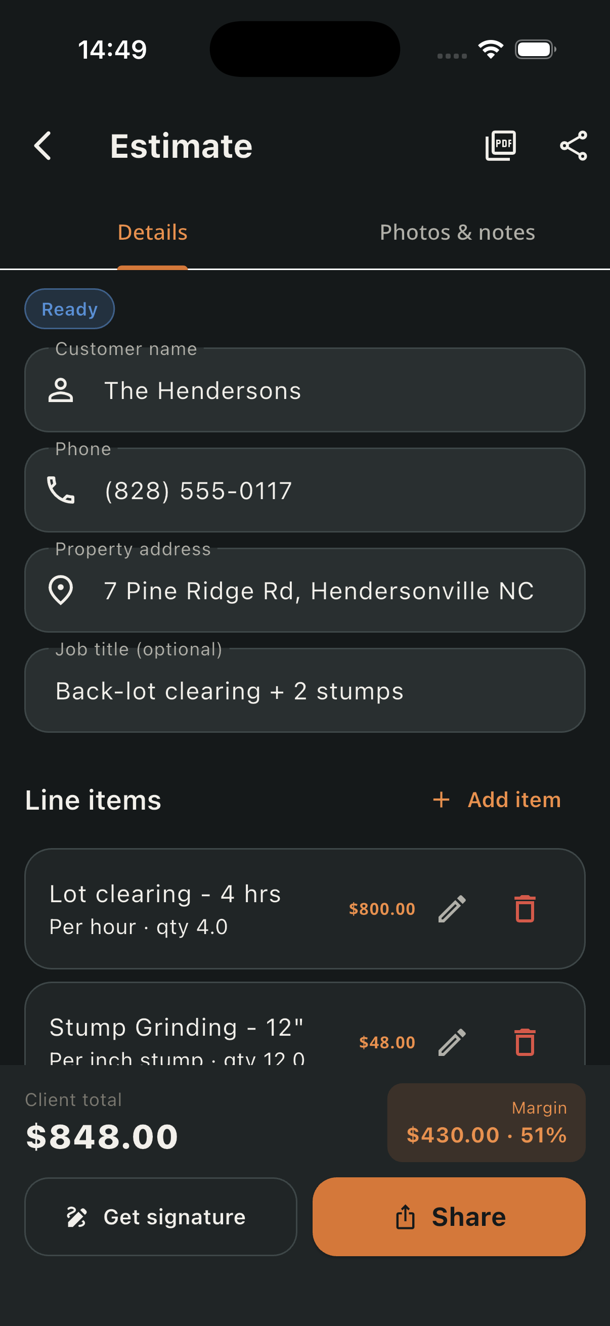 CanopyBid estimate with customer details, tree-service line items, total, margin, and signature action