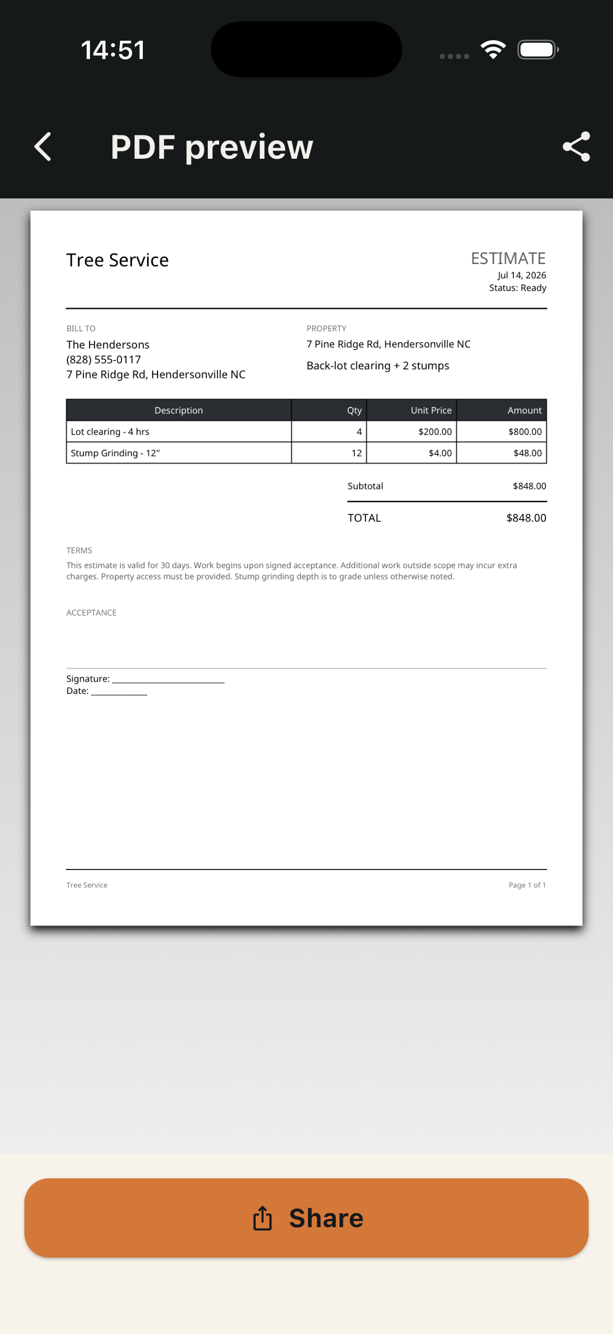 Professional tree-service estimate PDF generated by CanopyBid
